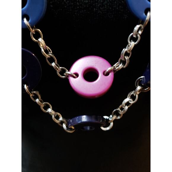 Women's Multicolor Circle Link Necklace Pink Blue Purple Acrylic Lobster Clasp - Picture 3 of 6